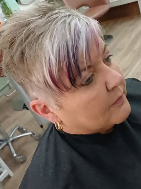 Silver pixie with a pink streak